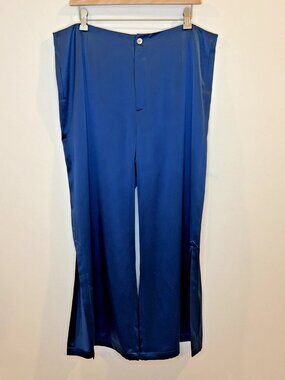 Diomi Wide Leg 100% Silk Pants Women's 18 Blue Split Leg High Rise Pockets
